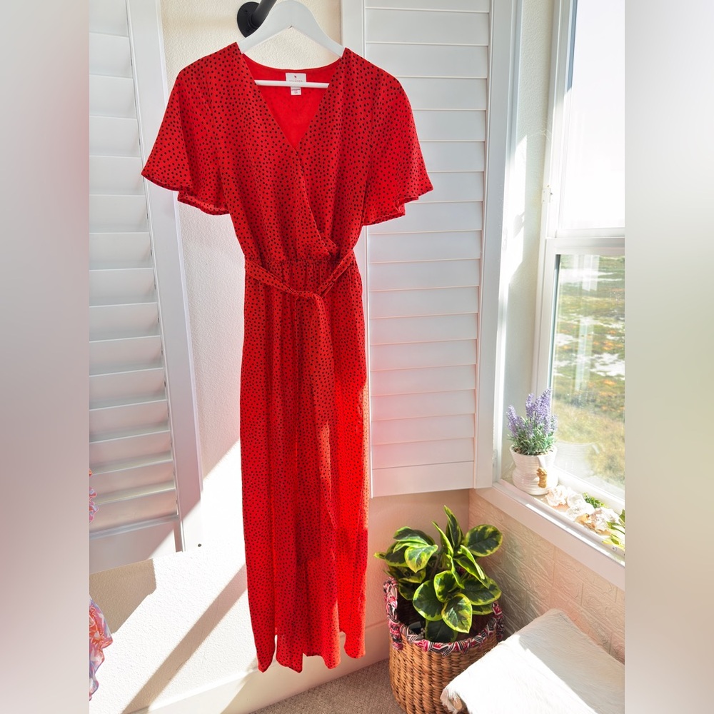 Islander Red polka dot Flutter Sleeve Maxi romper. Size S. NWOT